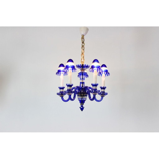 Lustre vintage en verre bleu, Tchécoslovaquie 1940