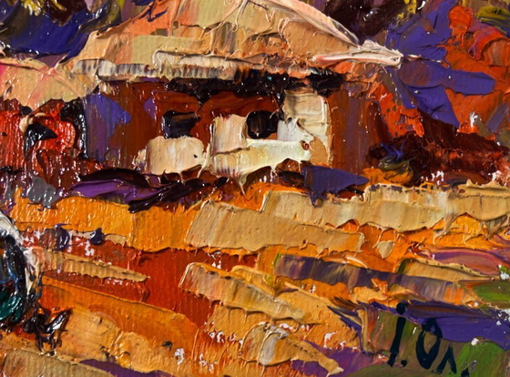 Image 1 of Original Oil Painting Autumn Village Landscape Warm evening sun sets over the horizon