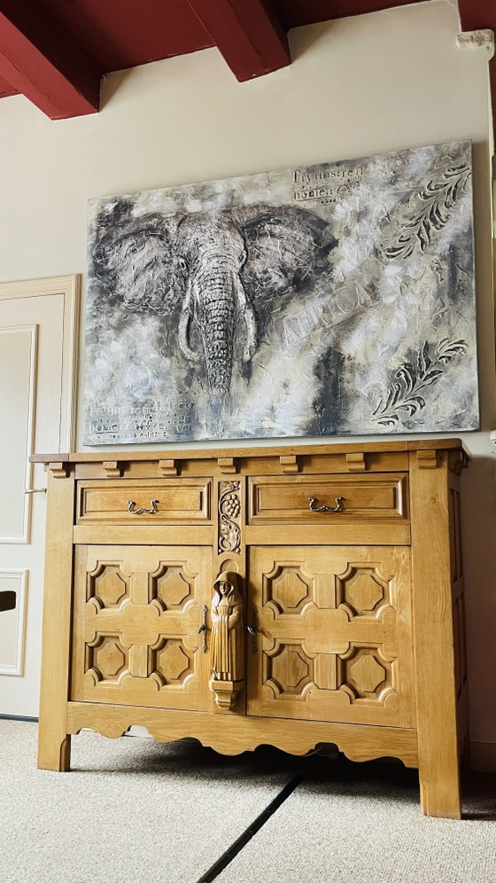 Brutalist Set, Solid Oak Sideboard, Cabinet, Dining Table, 6 Chairs, Hand Carved Priest Mission Style (photo 7 of 15)