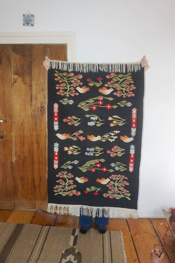 Image 1 of Vintage Oltenian Handwoven Bessarabian Kilim Rug with Birds, Tulips, and Flowers - Romanian Floral Woolen Wall Tapestry