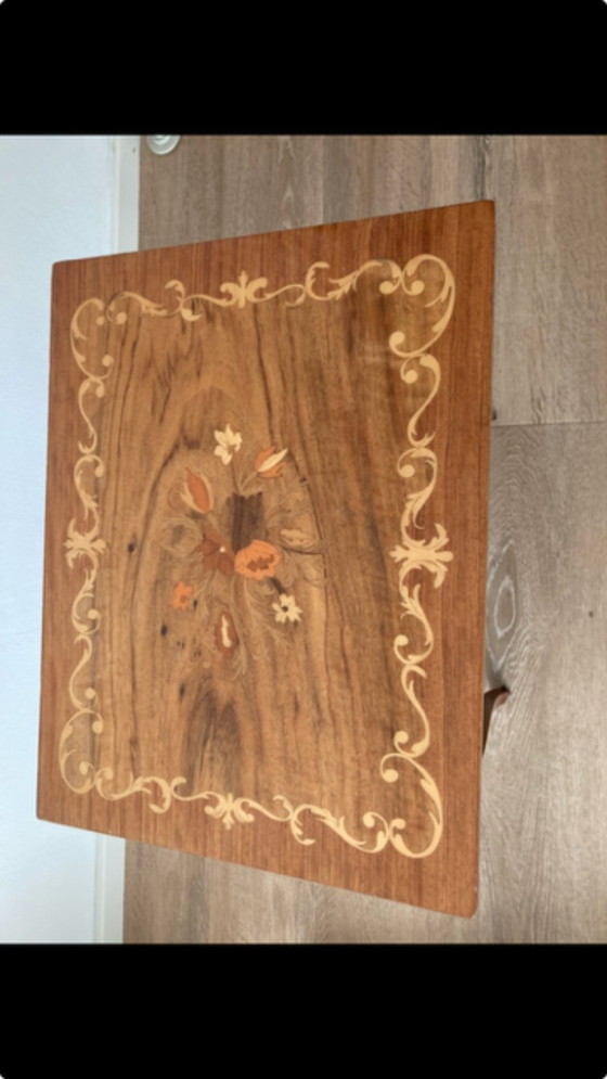 Image 1 of Antique intarsia decorative table, music table with flowers and decorative rim