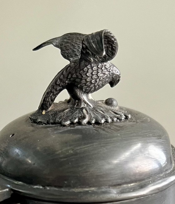 Image 1 of Antiguo juego de peltre con cuenco y jarra, finamente grabado, alrededor del siglo XIX.