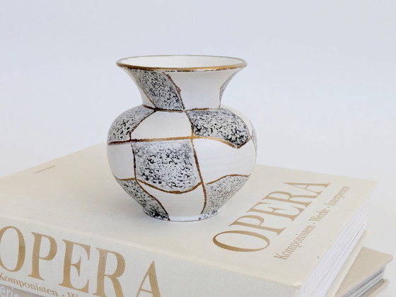Image 1 of Midcentury Ü-Keramik Vase 1960s West German Pottery, Black and White Geometric Decor Gold Rim