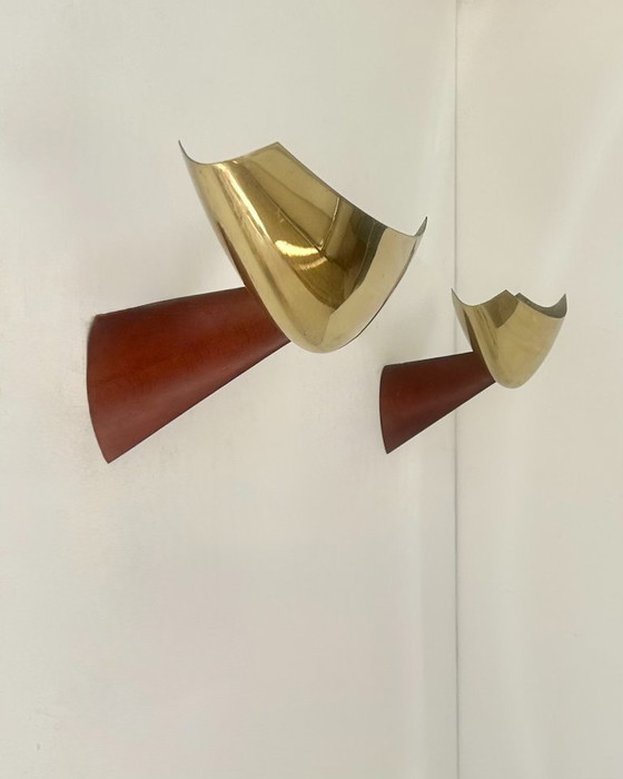 Paar vintage wandlampen van exotisch hout en messing, Italië 1980 – Brass (photo 5 of 7)