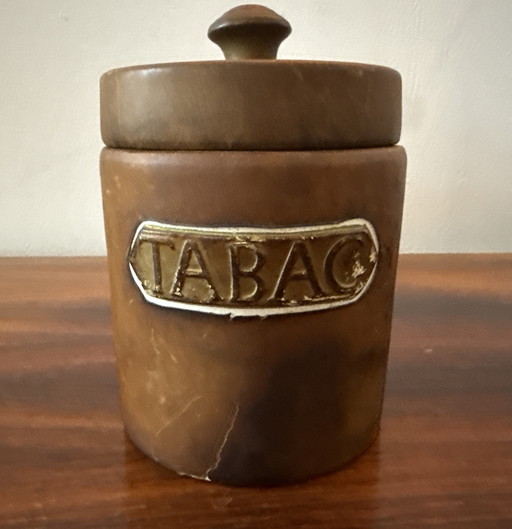 Ceramic tobacco jar with leather upholstery – circa 1940s–1950s