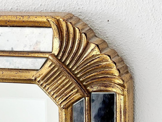 Image 1 of Vintage Deknudt trapezoid mirror – gold frame with smoked mirror glass – Hollywood Regency style – 95 × 69 cm