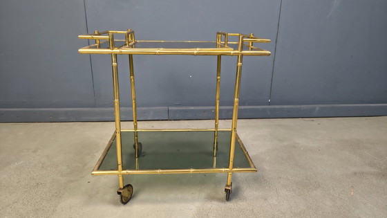 Image 1 of Chariot de service vintage en laiton imitation bambou, années 1960