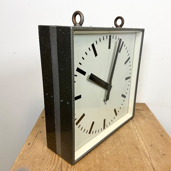 Image 1 of Large Square Industrial Double-Sided Factory Hanging Clock from Pragotron, 1970s