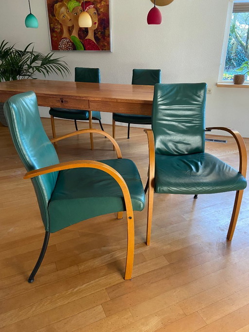 Leren eetkamerstoelen, merk FM, kleur jade