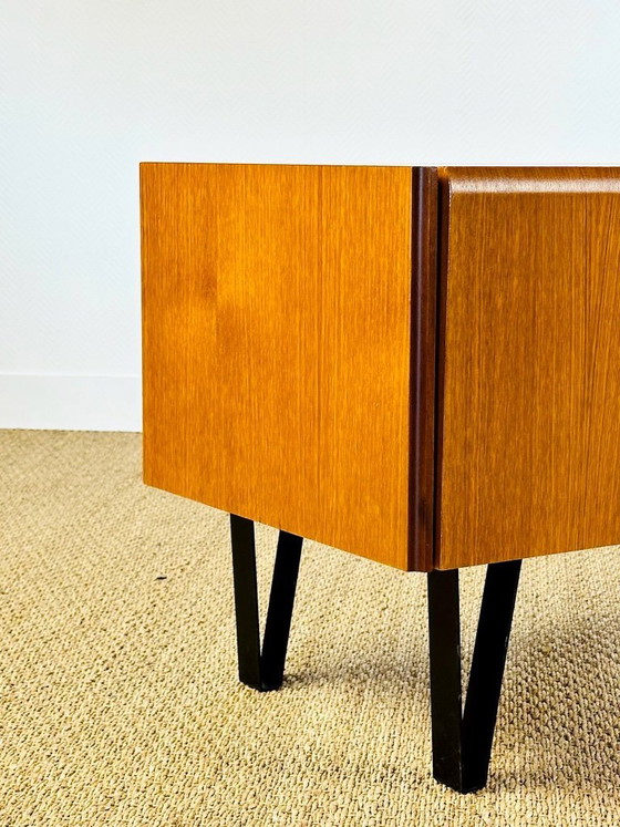 Image 1 of Low Scandinavian teak sideboard with metal compass legs, 1960