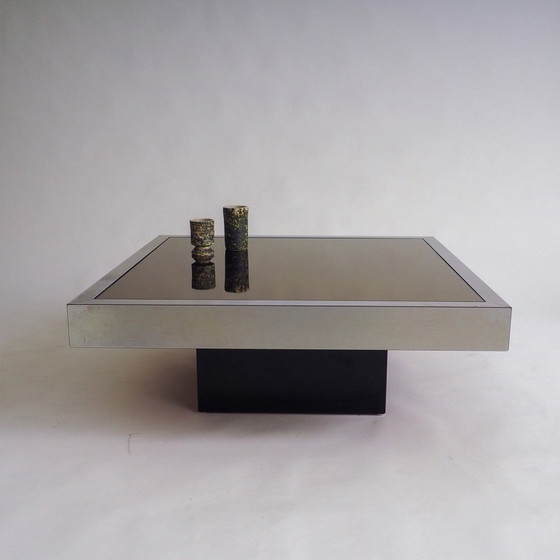 Image 1 of Tavolino in acciaio inox con piano in vetro marrone