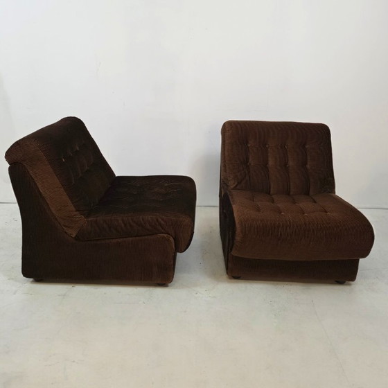 Image 1 of Lounge fauteuils modulair jaren 70 bruine rib set van twee 