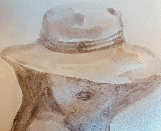 Image 1 of Dipinto firmato acquerello monocromatico seppia ritratto femminile "Estate"