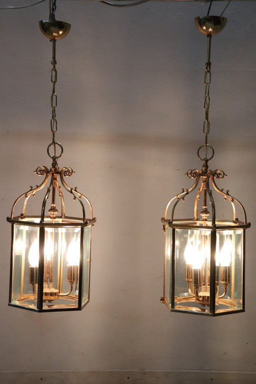 Pair of Vintage Gilt Metal and Glass Lanterns