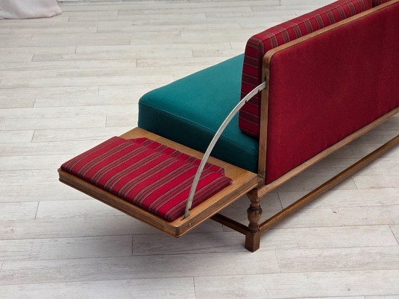 Image 1 of 1950s, Danish 2 seater drop arm sofa, original striped red furniture wool, oak wood.