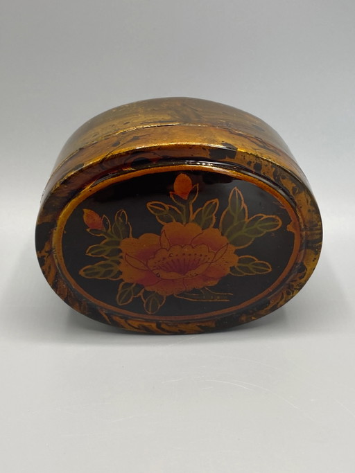 Damart oval lacquered box – peony floral design – black and gold lacquered wood – decoratieve objecten (photo 2 of 6)