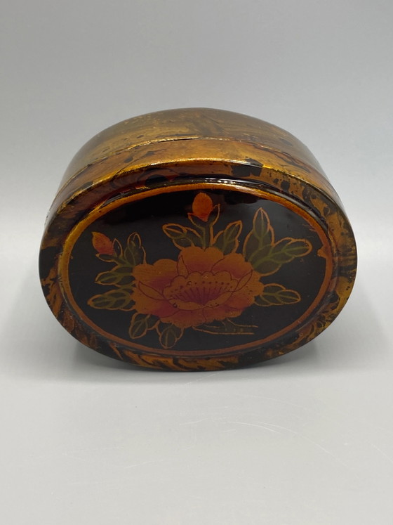 Damart oval lacquered box – peony floral design – black and gold lacquered wood – Decorative Objects (photo 2 of 6)