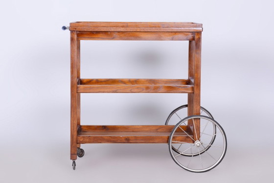 Gerestaureerde art-deco trolley van Thonet, eikenhout, glas, fineer, chroom, Tsjechisch, jaren 1920. (photo 12 of 16)