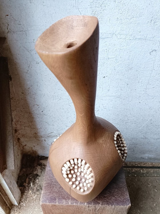 Image 1 of Large Vase/Bottle in Carved Solid Oak