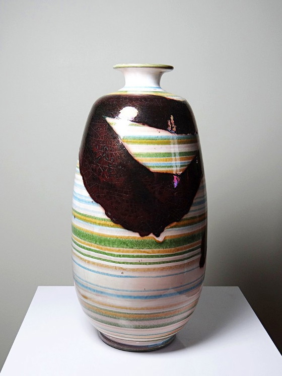 Large Vintage Handmade Ceramic Vase with Iridescent Luster 20th-21st Century – Artisanal (photo 6 of 13)