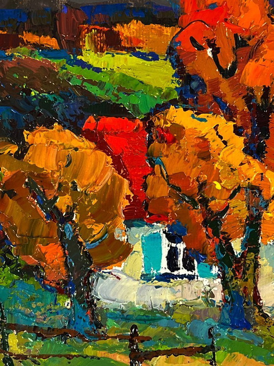 Image 1 of Original Oil Painting Countryside Landscape House Crimson Autumn in the Village