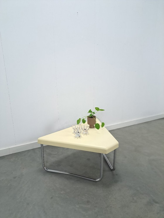 Image 1 of Space age triangular plastic table with chrome tubular frame legs