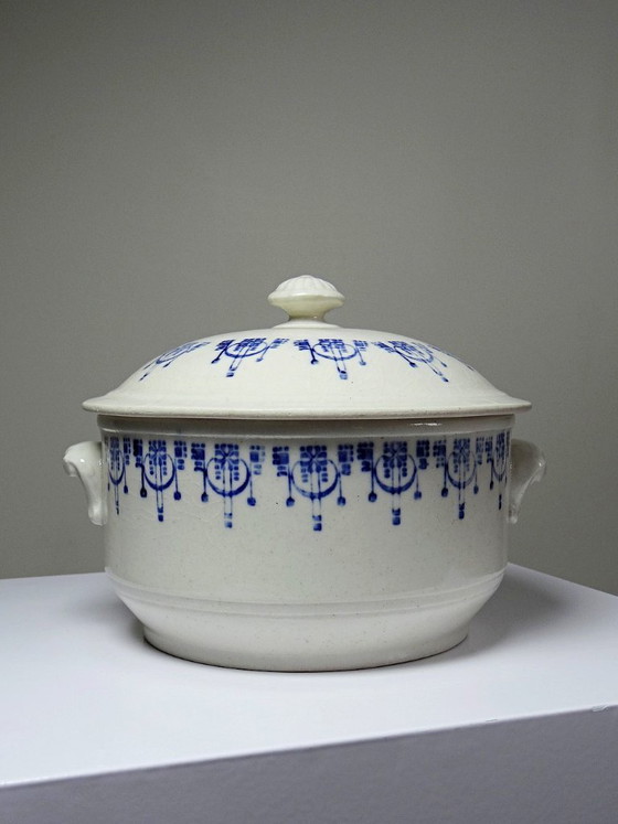 Image 1 of Antique glazed ironstone bouillon/casserole dish with blue St Uze decoration