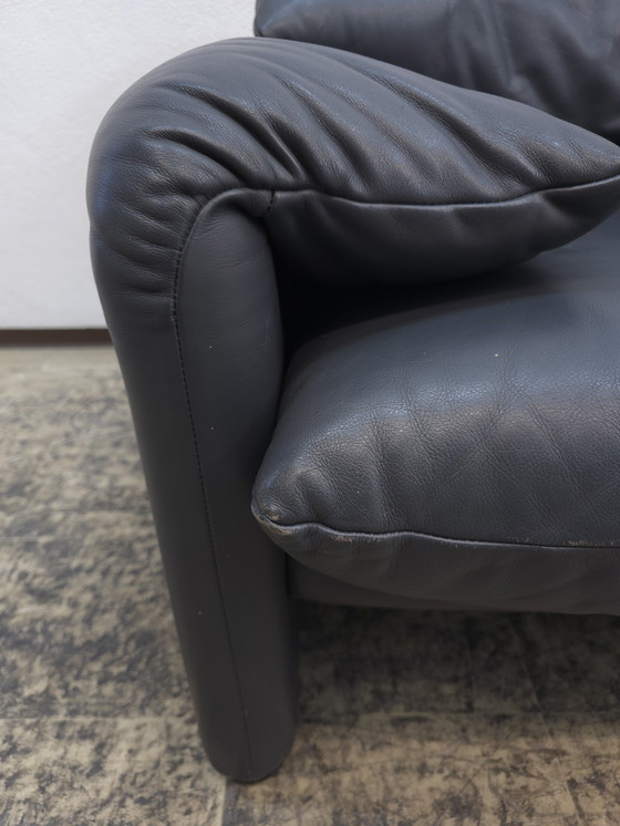 Image 1 of Cassina Maralunga two-seater designer sofa, leather sofa, couch, blue-grey, Magistretti