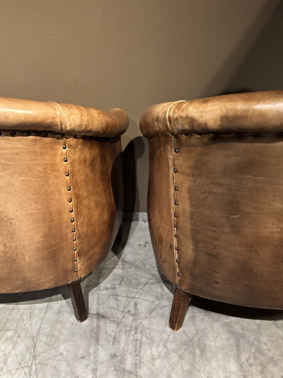 Image 1 of Cognac Bruine Runderleren Clubfauteuils-Vintage