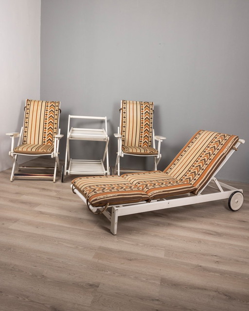 Set di sedia a sdraio e carrello in tessuto vintage anni '70 di Clara Agnelli per Reguitti 