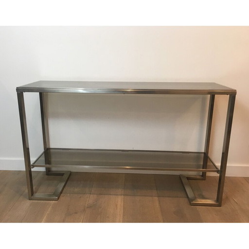 Vintage Console in Brushed Steel and Smoked Glass Trays 1970