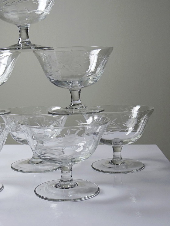 Image 1 of 8 Champagne coupes, wheel-engraved glass with vegetal decoration, Bohemia, early 20th century