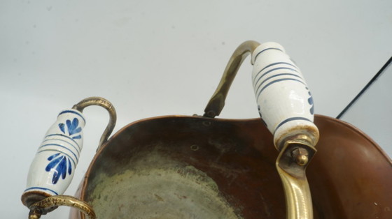 Image 1 of COPPER DUTCH HELMET COAL ASH SCUTLLE BUCKET DELFT BLUE HANDLE BRASS LION HEAD