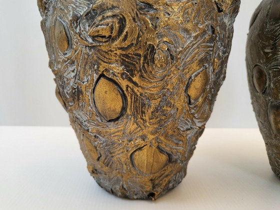 Image 1 of PAIR OF VINTAGE 1960S VASES, CERAVERRE, GILDED MOIRED CERAMIC, 1960S