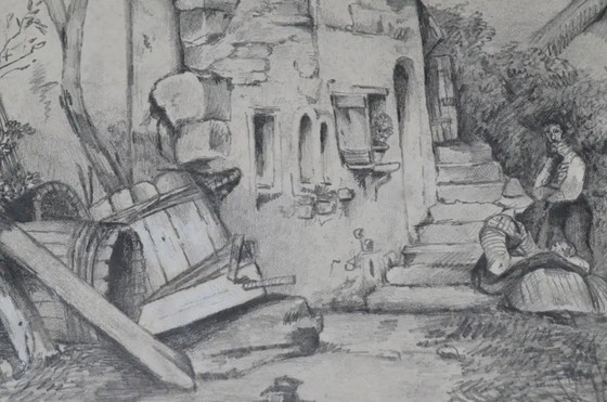 Disegno a carboncino attribuito a Jacques Moulinier (1753–1828) — Figure davanti a una casa a graticcio (photo 8 of 14)