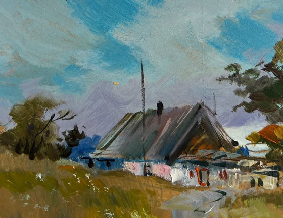 Image 1 of Origineel olieverfschilderij: Landschap met zomerhuis en wilde bloemen in de buurt van het huis.