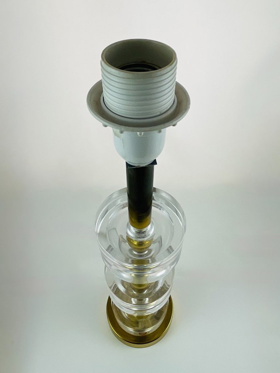 Image 1 of Carl Fagerlund for Orrefors – 6-Ring Crystal & Brass Table Lamp – Swedish Mid-Century Lighting