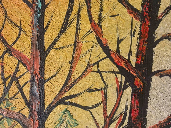 Peinture à l'huile expressionniste originale de paysage du milieu du siècle – Peintures et dessins, Toile (photo 8 of 11)