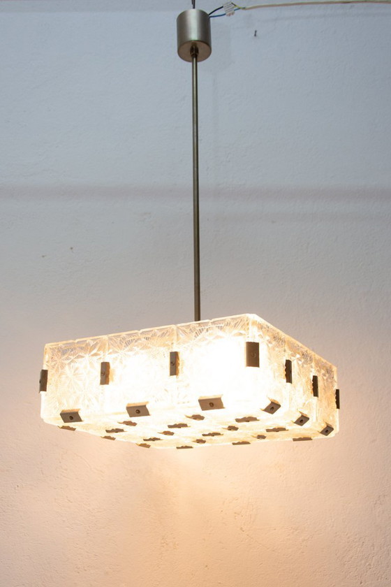 Image 1 of Mid Century Pendant Lamp Glass & Chromed Steel Kamenický Šenov 1970s Czechoslovakia