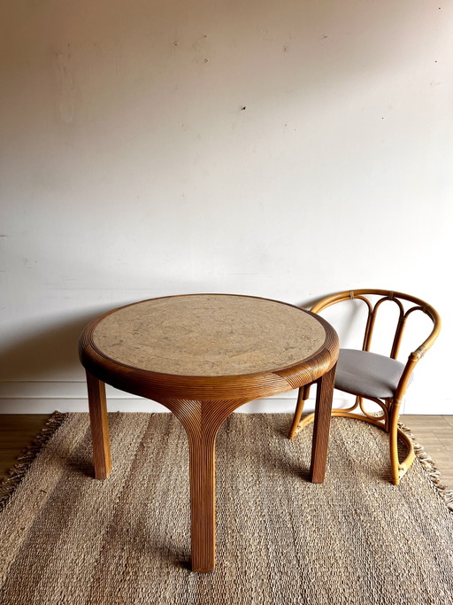 Vivai del Sud rotan eettafel met marmeren blad — Italy, ca. 1970s
