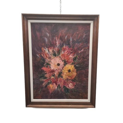 Peinture à l'huile avec fleurs par E. Marie