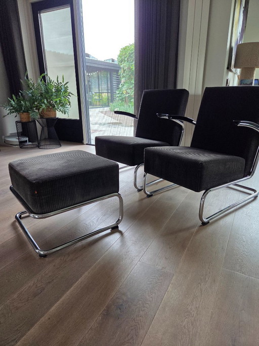 Gispen 412 – 2 Sessel + Ottomane | Niederländische Originale – fauteuils, Chrome
