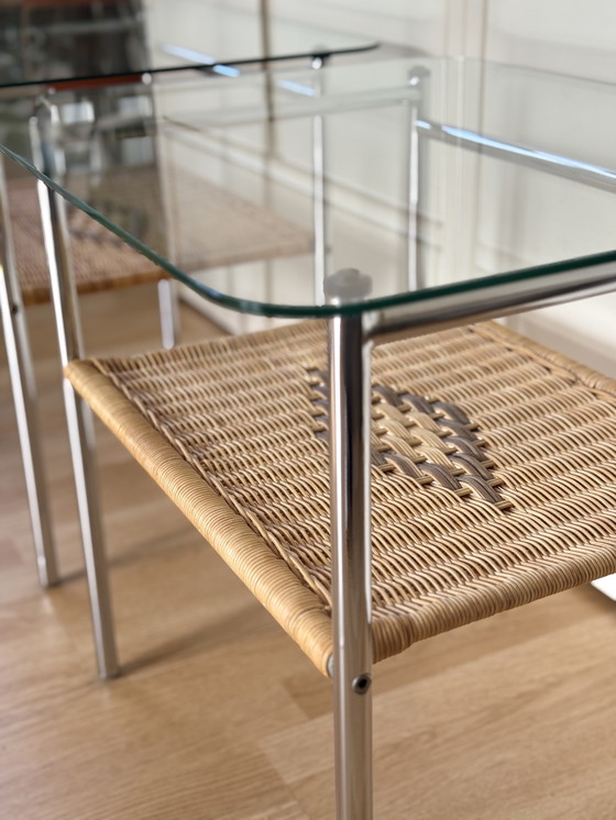 Image 1 of Set of vintage side tables/side tables with chrome, wicker and glass - 1970s