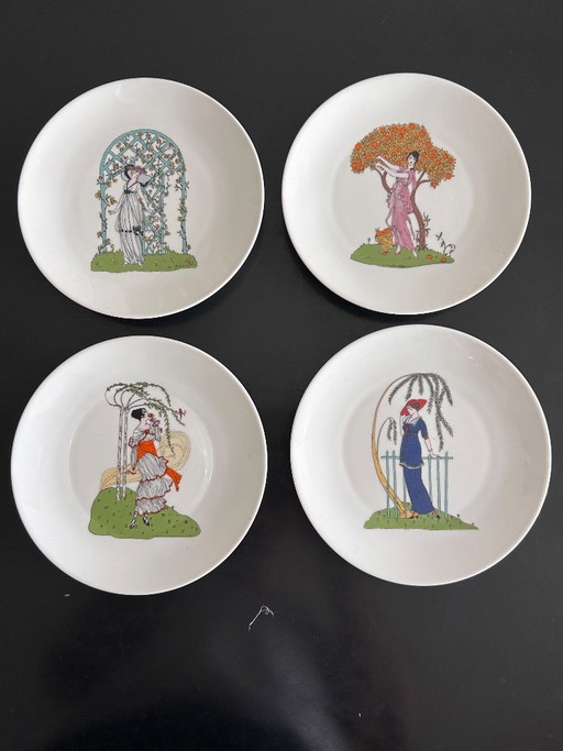4 Porseleinen Borden in Art Deco Stijl, Deshouliéres Creatie