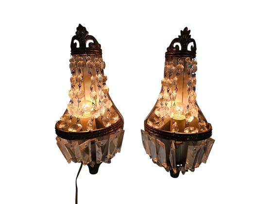 Image 1 of Hollywood Regency Style - 2 Wall Lights - Gold plated - Crystal - 60's