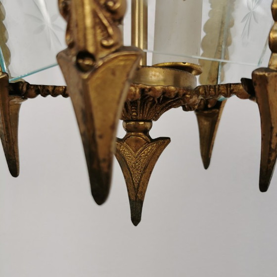 Image 1 of Lampada a lanterna francese in ottone vintage, lampada a sospensione, lampada con catena