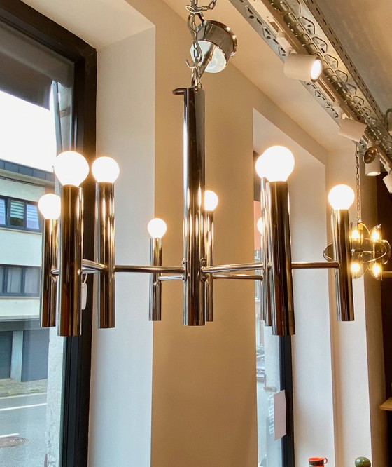 Lustre vintage chromé à 3 triple bras de lumière, attribué à Gaetano Sciolari – Metal, Chrome (photo 5 of 7)