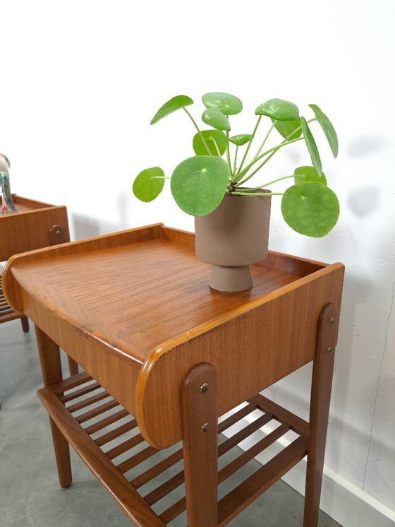 Image 1 of Teak veneer bedside table set with drawer from Sweden