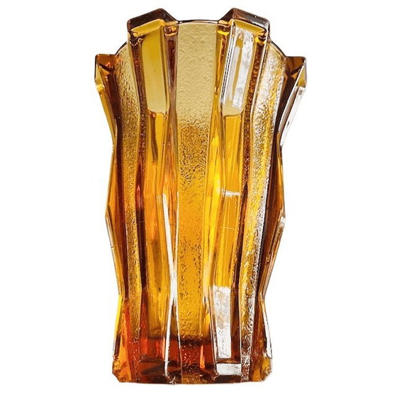 Image 1 of Jarrón de cristal color miel Art Déco, ámbar cubista, Henri Heemskerk, Scailmont, década de 1920