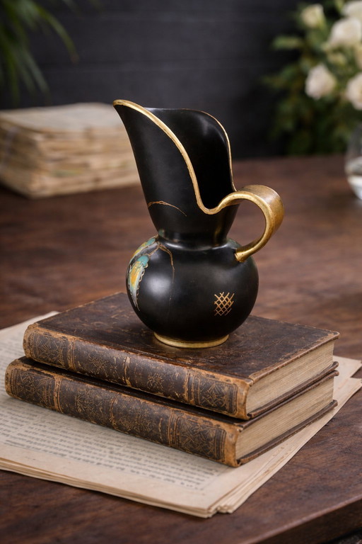 Vintage Regina Gouda "Nora" Pitcher – Hand-Painted Matte Black & Gold – 1930s